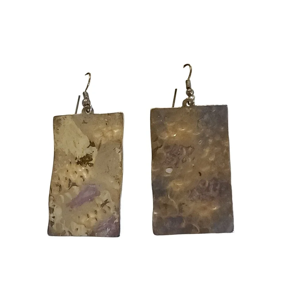 Vitage Solid 925 Sterling Silver Hammered Rectangle Hook Earrings